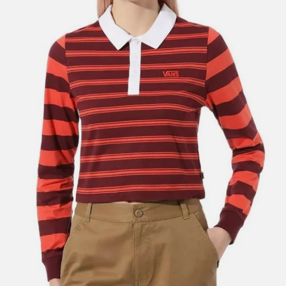 VANS Stripe Block Long Sleeve Polo Shirt Cotton Port Royale Red XS